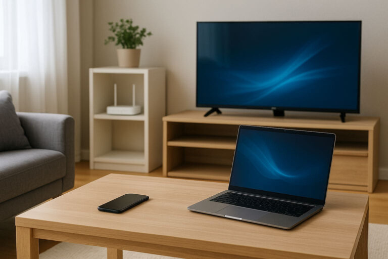 Illustration eines Heimnetzwerks mit Router, Smart-TV, Laptop und Smartphone im Wohnzimmer