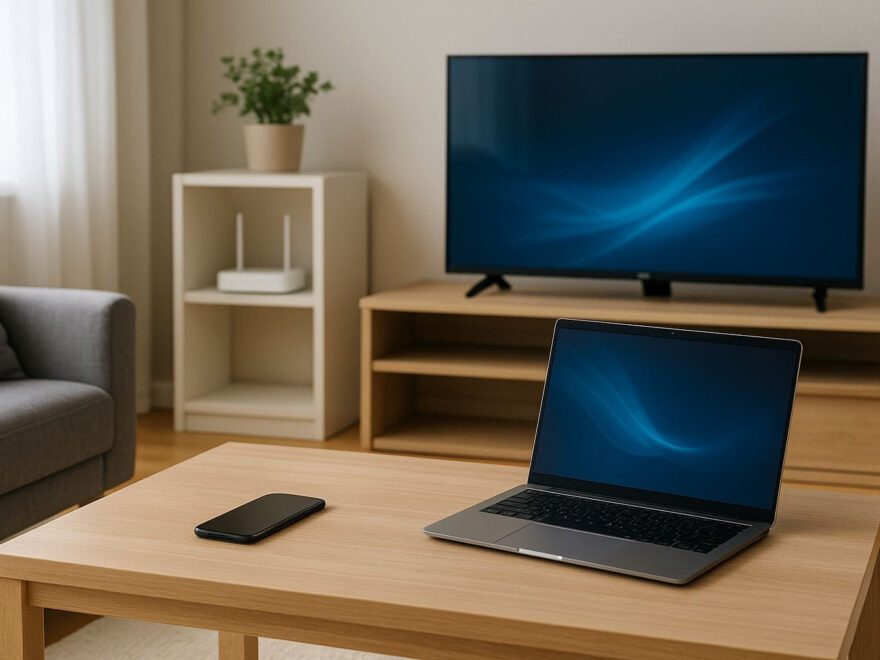 Illustration eines Heimnetzwerks mit Router, Smart-TV, Laptop und Smartphone im Wohnzimmer