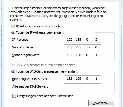 IP-Adresse manuell eingestellt