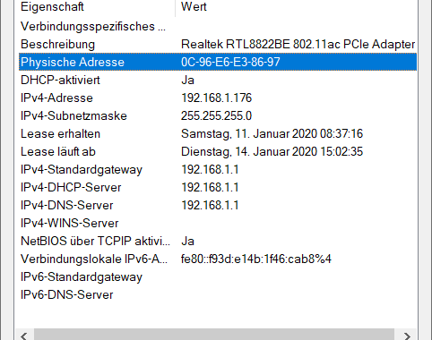 mac adresse physische adresse MAC-Adresse unter Windows ausgelesen