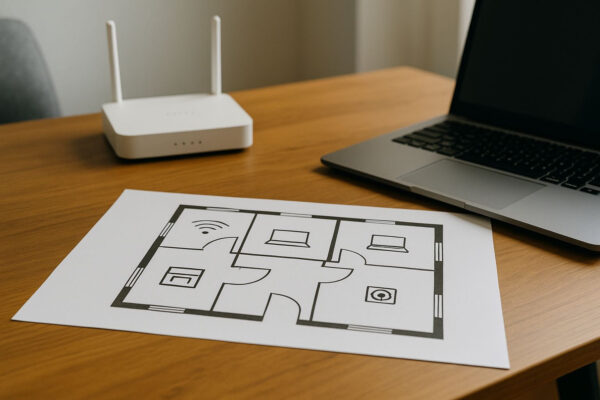 Planung der Netzwerkstruktur mit Grundriss, Router und Laptop im modernen Home-Office