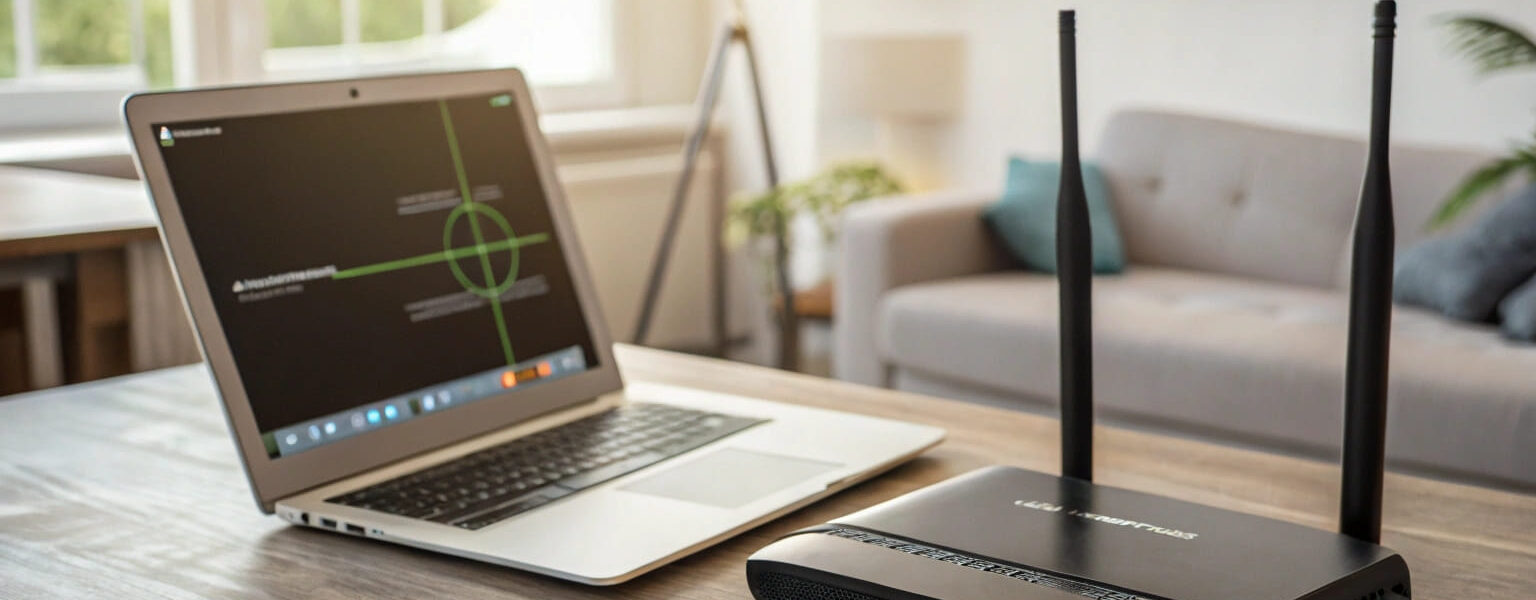 Moderner Router mit verbundenen Geräten auf einem Schreibtisch