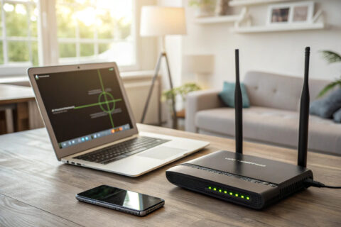 Moderner Router mit verbundenen Geräten auf einem Schreibtisch