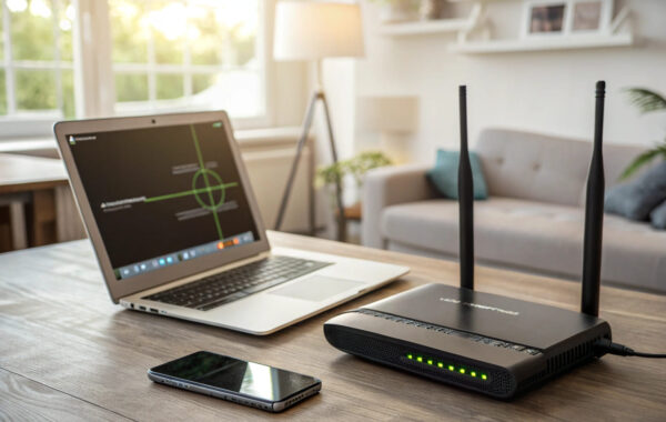 Moderner Router mit verbundenen Geräten auf einem Schreibtisch