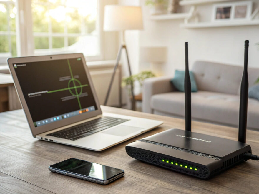 Moderner Router mit verbundenen Geräten auf einem Schreibtisch