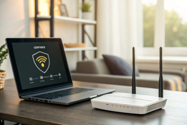 Router mit aktivierter Sicherheitsfunktion und Firewall-Symbol
