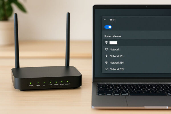 WLAN-Router und Laptop mit versteckter SSID in der Netzwerkliste