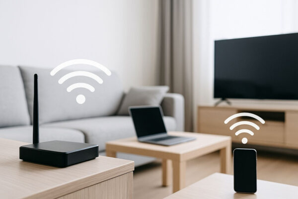 Was WLAN bedeutet: Beispielhafte Darstellung im Alltag WLAN-Router mit Funkwellen zu verbundenen Geräten im Wohnzimmer