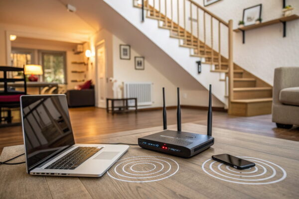 WLAN-Reichweite im Haus: So wirkt sich die Wohnsituation aus WLAN-Signalstärke in verschiedenen Räumen eines Hauses mit Router in zentraler Position