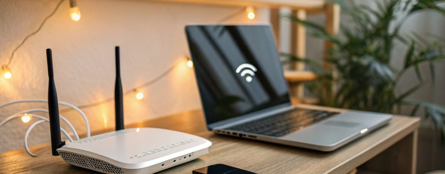 WLAN-Router im Wohnzimmer mit verbundenen Geräten wie Laptop und Smartphone