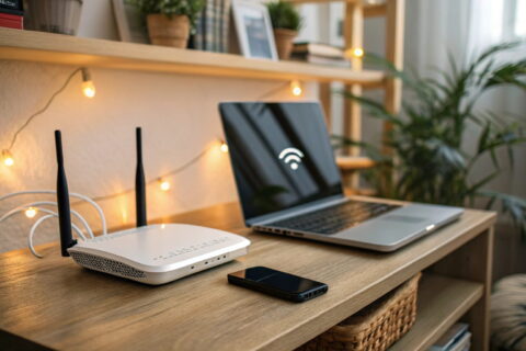 WLAN-Router im Wohnzimmer mit verbundenen Geräten wie Laptop und Smartphone