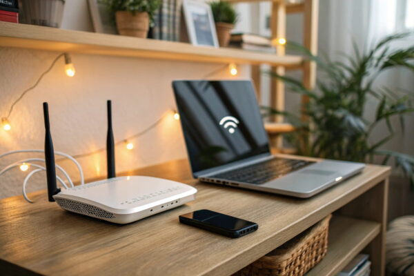 Wie ein WLAN-Router funktioniert – einfach erklärt mit Beispiel WLAN-Router im Wohnzimmer mit verbundenen Geräten wie Laptop und Smartphone
