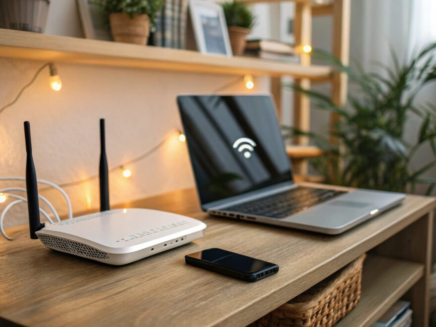 WLAN-Router im Wohnzimmer mit verbundenen Geräten wie Laptop und Smartphone