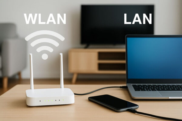 WLAN im Alltag: Kabellose Verbindung im Vergleich zu LAN WLAN-Router mit verbundenem Smartphone und Laptop im Wohnzimmer