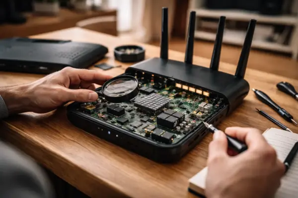 Interne Hardware eines Gaming-Routers mit Prozessor, Speicher und Kühlung