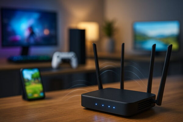 Router für PC-, Konsolen-, Mobile- und Cloud-Gaming dargestellt WLAN-Router mit PC-, Konsolen-, Mobile- und Cloud-Gaming-Geräten im Hintergrund zur Darstellung verschiedener Gaming-Szenarien.