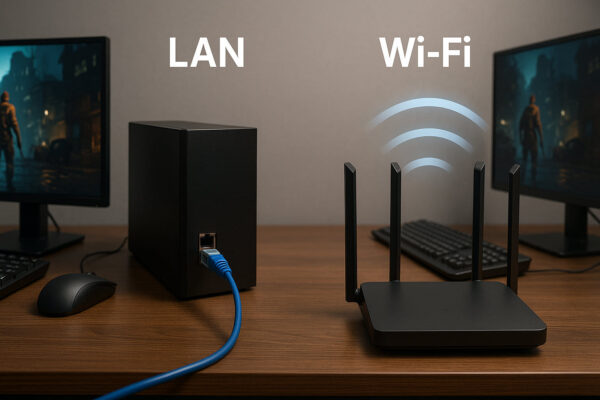LAN vs. WLAN beim Gaming im direkten Vergleich Gaming-Setup mit LAN-Kabel und WLAN-Signalen im direkten Vergleich für stabile und flexible Verbindungen.