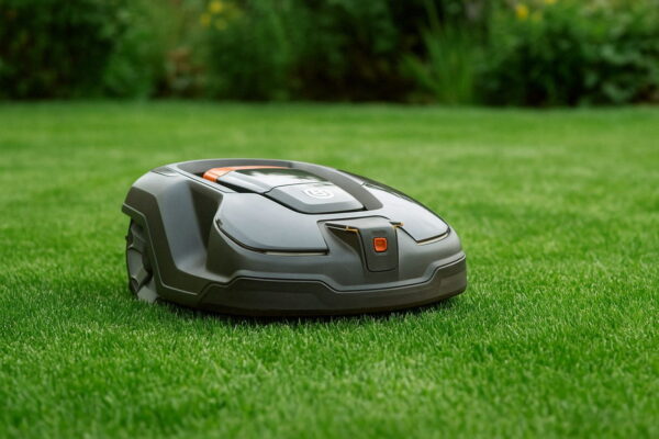 Automatische Rasenpflege mit smartem Mähroboter Smarter Mähroboter bei der automatischen Rasenpflege im Garten