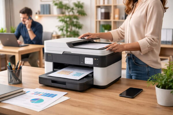 Multifunktionsgerät im Alltag – Drucken, Scannen und Kopieren in einem Gerät Multifunktionsdrucker im Homeoffice beim Scannen und Drucken von Dokumenten