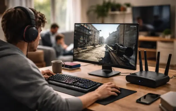 Online-Gaming im Heimnetzwerk mit mehreren aktiven Geräten und WLAN-Router