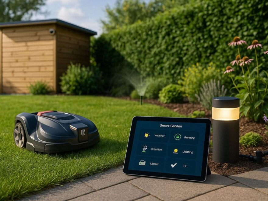 Smart Home im Garten mit Mähroboter, Bewässerungssystem und Tablet-Steuerung