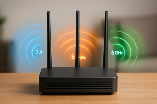 WLAN-Frequenzbänder 2,4 GHz, 5 GHz und 6 GHz verständlich dargestellt WLAN-Router mit drei farblich getrennten Funkwellen für 2,4 GHz, 5 GHz und 6 GHz zur Verdeutlichung der Frequenzbänder.