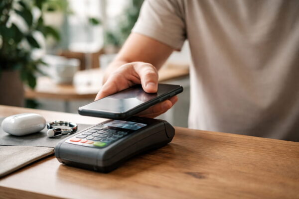 NFC-Datenübertragung zwischen Smartphone und kontaktlosem Terminal im Alltag