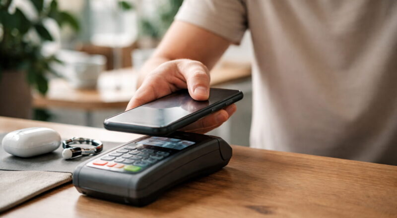 NFC-Datenübertragung zwischen Smartphone und kontaktlosem Terminal im Alltag