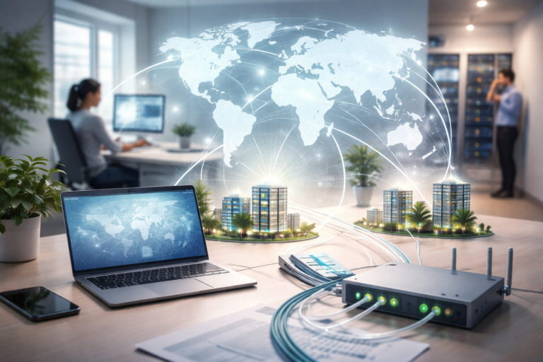 WAN (Wide Area Network) Darstellung: Geräte und Netzwerke über große Entfernungen miteinander verbunden