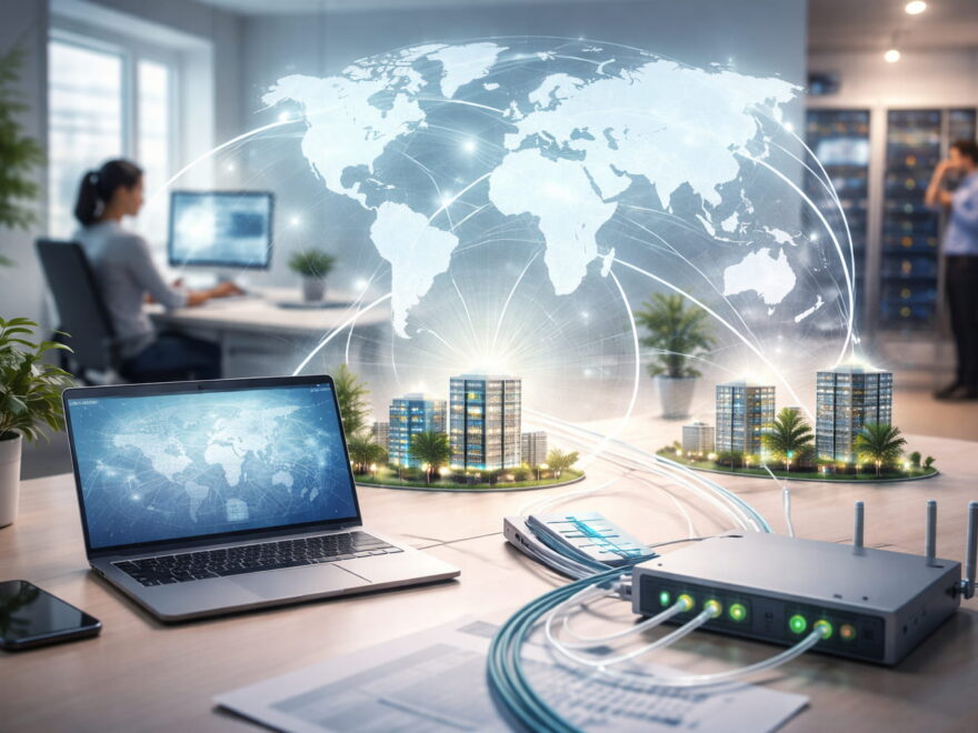 WAN (Wide Area Network) Darstellung: Geräte und Netzwerke über große Entfernungen miteinander verbunden