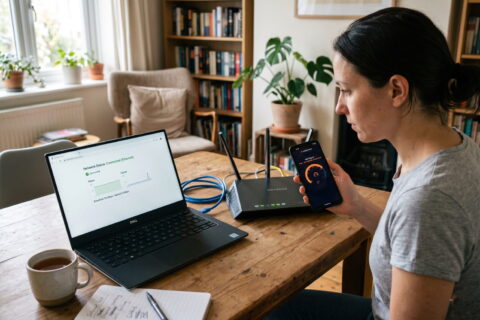 Laptop per LAN und Smartphone im WLAN zum Testen von Netzwerkproblemen