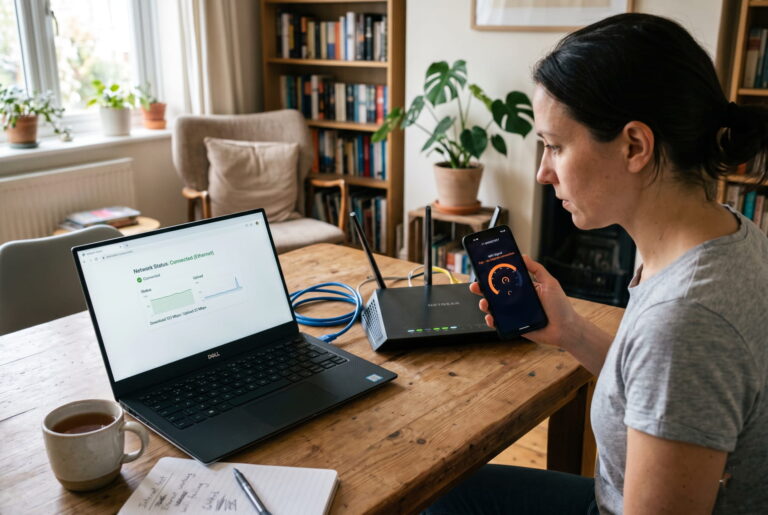 Laptop per LAN und Smartphone im WLAN zum Testen von Netzwerkproblemen