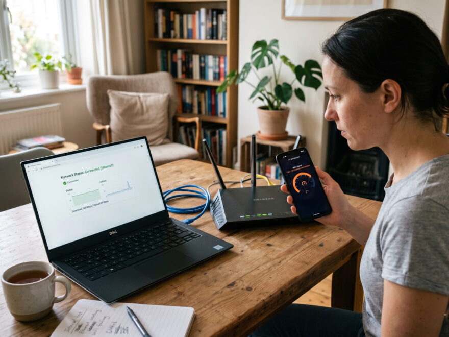 Laptop per LAN und Smartphone im WLAN zum Testen von Netzwerkproblemen