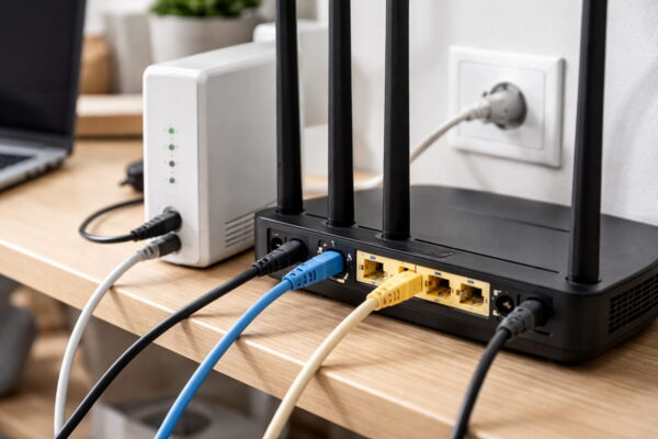 Router und Modem richtig verkabelt mit LAN und WAN Kabeln im Heimnetzwerk