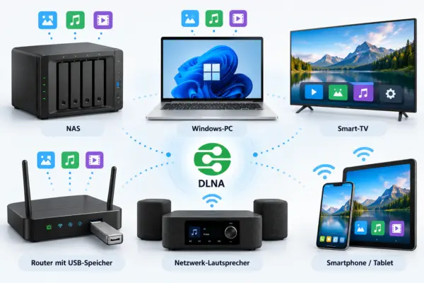 Diese Geräte können DLNA im Heimnetzwerk nutzen DLNA-fähige Geräte im Überblick: NAS, Windows-PC, Smart-TV, Router, Netzwerk-Lautsprecher und Smartphone