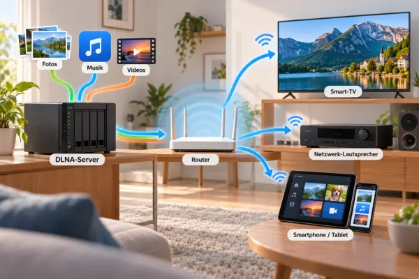 DLNA im Heimnetzwerk einfach erklärt DLNA im Heimnetzwerk: Ein Medienserver überträgt Fotos, Musik und Videos an Smart-TV, Netzwerk-Lautsprecher und mobile Geräte