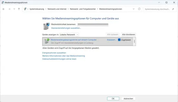 DLNA-Medienstreaming unter Windows 11 einstellen DLNA unter Windows 11: Medienstreamingoptionen in der Systemsteuerung mit den Einstellungen für Gerätefreigaben