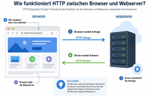 Schaubild zeigt, wie HTTP-Anfrage und HTTP-Antwort zwischen Browser und Webserver ablaufen
