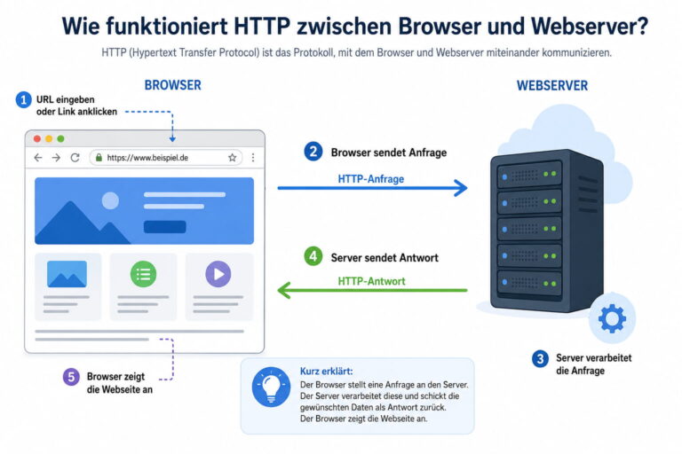 Schaubild zeigt, wie HTTP-Anfrage und HTTP-Antwort zwischen Browser und Webserver ablaufen