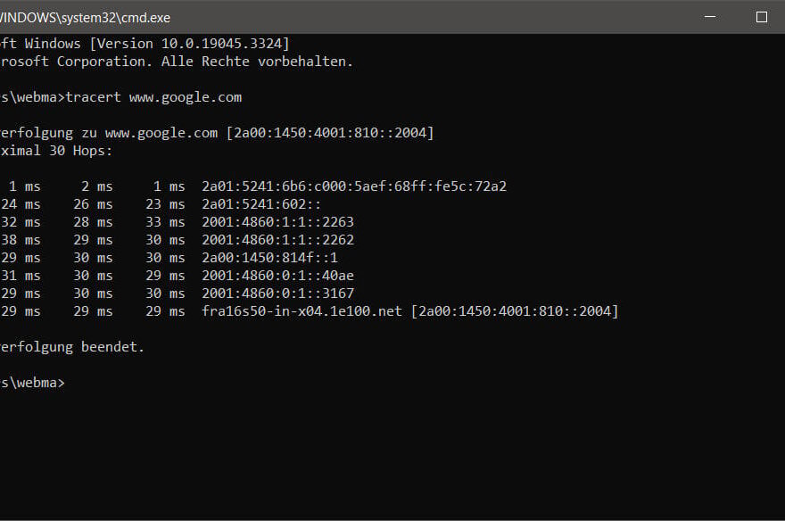 Traceroute tracert unter Windows