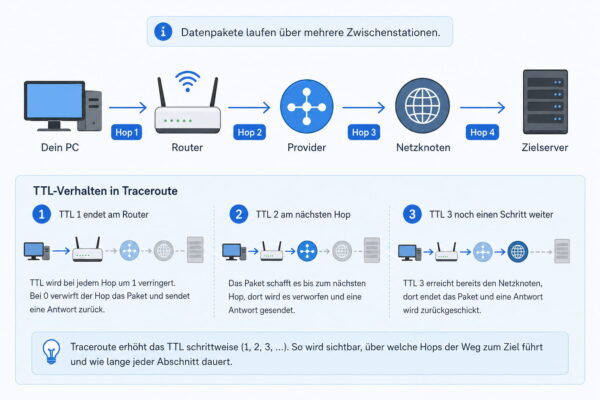 So funktionieren Traceroute, Hops und TTL Traceroute mit mehreren Hops und schrittweise erhöhtem TTL-Wert