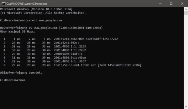 tracert unter Windows ausführen Traceroute mit tracert in der Windows-Eingabeaufforderung ausführen