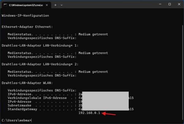 Standardgateway unter Windows finden Standardgateway unter Windows mit dem Befehl ipconfig anzeigen