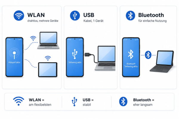 Überblick über die Tethering-Arten WLAN, USB und Bluetooth