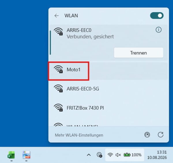 Tethering mit Windows über den Smartphone-Hotspot Moto1