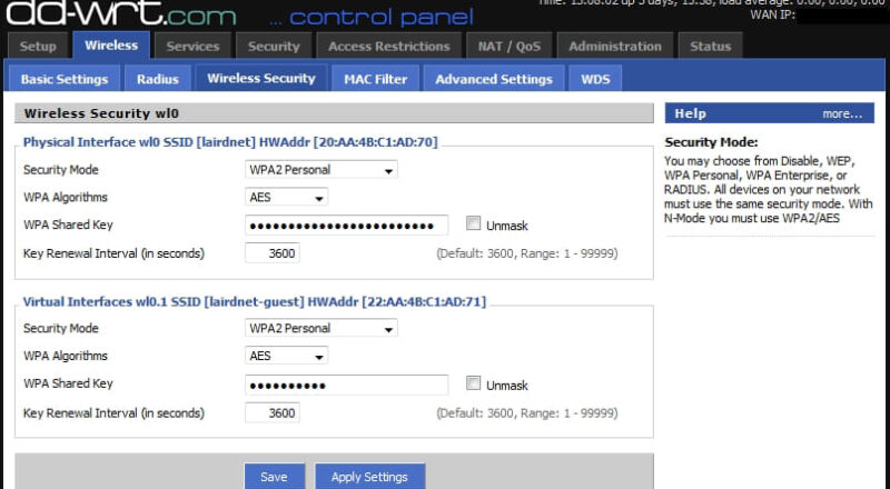 Screenshot der DD-WRT-Sicherheitseinstellungen