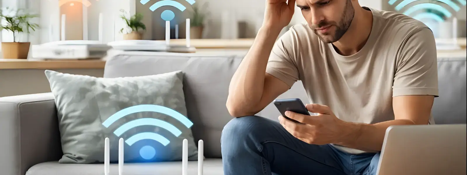 WLAN-Router im Wohnzimmer mit überlappenden Funksignalen verschiedener Netzwerke