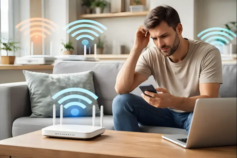 WLAN-Router im Wohnzimmer mit überlappenden Funksignalen verschiedener Netzwerke