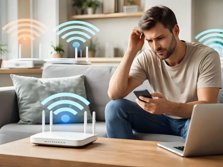 WLAN-Router im Wohnzimmer mit überlappenden Funksignalen verschiedener Netzwerke