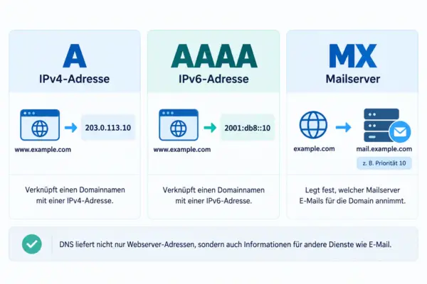DNS-Einträge einfach erklärt: Unterschiede zwischen A, AAAA und MX DNS-Einträge im Vergleich: A-Eintrag für IPv4-Adressen, AAAA-Eintrag für IPv6-Adressen und MX-Eintrag für Mailserver